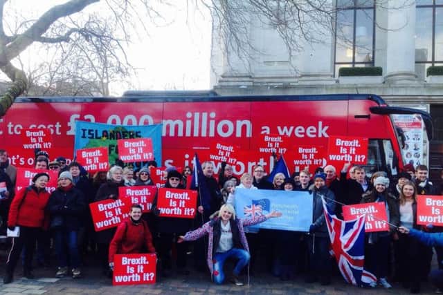 Remain supporters with the anti-Brexit battle bus in Guildhall Square, Portsmouth