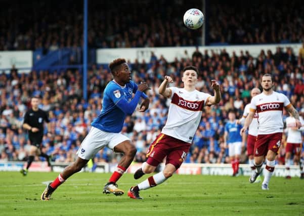 Jamal Lowe in action against Bradford at Fratton Park earlier this season. Picture: Joe Pepler