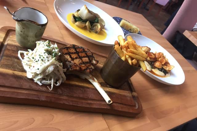Cote de Pork and scallops with bacon
