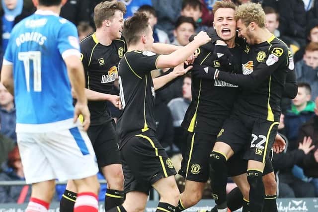 George Ray celebrates his winner for Crewe against Pompey at Fratton Park