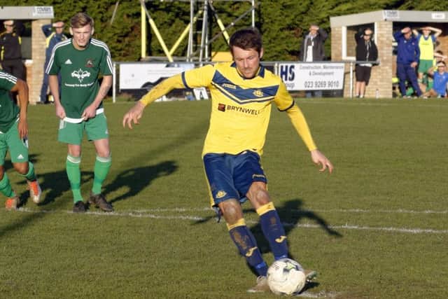 Dan Wooden takes a penalty for Moneyfields. Picture: Neil Marshall (170104-05)