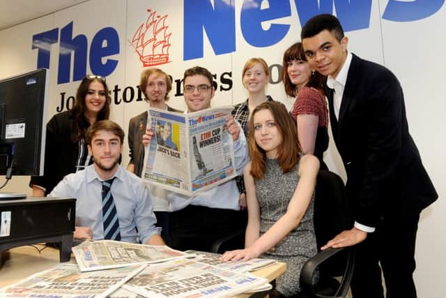 Previous Highbury College journalism students at The News offices at Lakeside, North Harbour.  Pictured are: (back l-r) Lola Mayor, Peter Marcus, Imogen Marshall and Sasha Barker with (front l-r) Oli Price, Ermis Madikopoulos, Shannon Johnson and Daniel Chalkley.   Picture: Sarah Standing