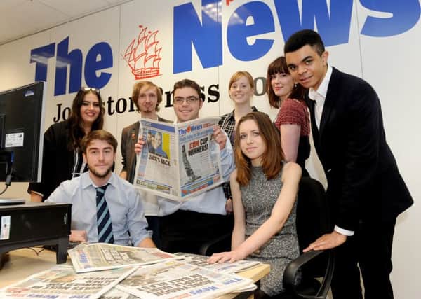 Previous Highbury College journalism students at The News offices at Lakeside, North Harbour.  Pictured are: (back l-r) Lola Mayor, Peter Marcus, Imogen Marshall and Sasha Barker with (front l-r) Oli Price, Ermis Madikopoulos, Shannon Johnson and Daniel Chalkley.   Picture: Sarah Standing