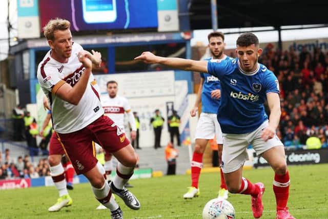 Conor Chaplin in action against Bradford at Fratton Park earlier this season. Picture: Joe Pepler