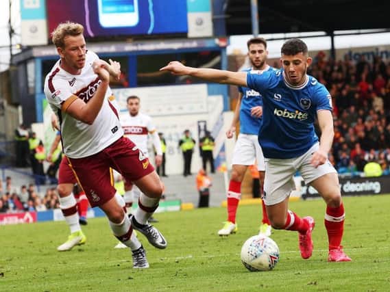 Conor Chaplin in action against Bradford at Fratton Park earlier this season. Picture: Joe Pepler