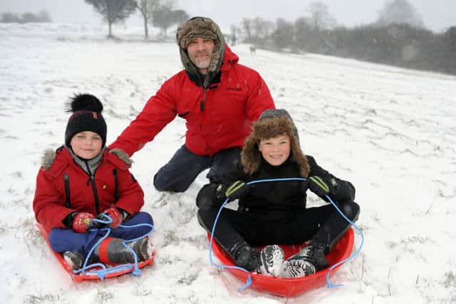 Senna, seven, left, dad Zak and Luca Reynolds, 11, on the slopes of Butser Hill
Picture: Malcolm Wells (180301-8697)