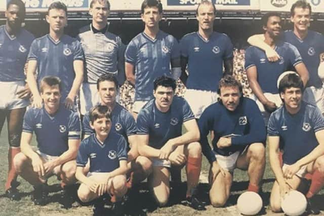 MOTLEY BUNCH Mick Kennedy, front row, second left, with the 1986-87 Pompey promotion-winning team ahead of their final match against Sheffield United