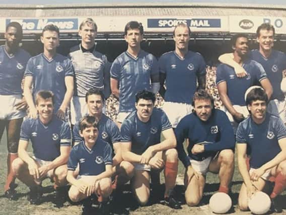 MOTLEY BUNCH Mick Kennedy, front row, second left, with the 1986-87 Pompey promotion-winning team ahead of their final match against Sheffield United
