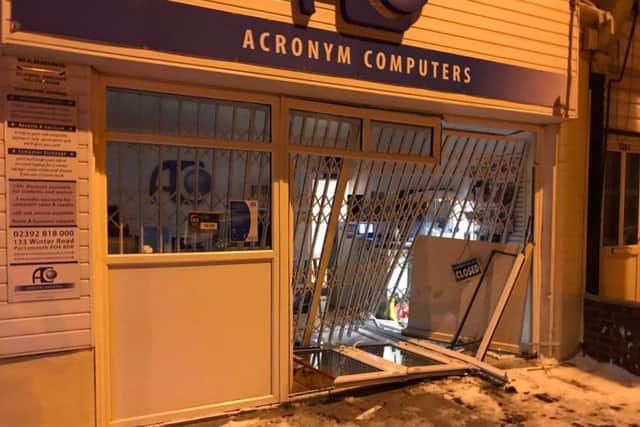 The scene outside Acronym Computers after a botched break-in of the store