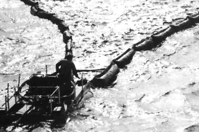 An experimental model of the Oleanic 50 oil skimmer being demonstrated in the Solent in September 1976
