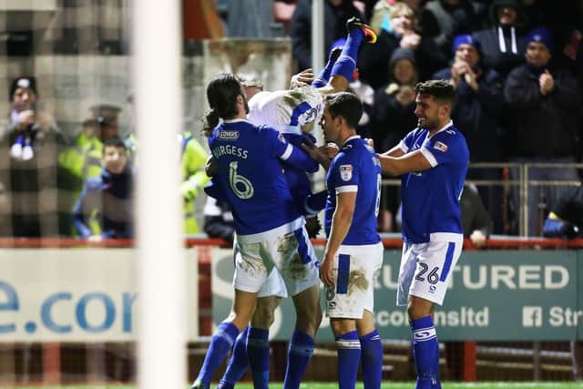 Pompey celebrate Kyle Bennett's goal against Crawley.