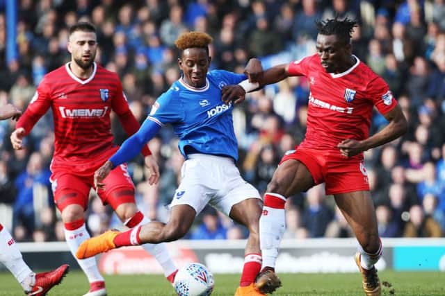 Jamal Lowe puts Pompey ahead / Picture by Joe Pepler