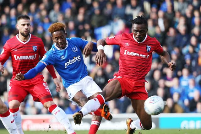 Jamal Lowe scorers for Pompey against Gillingham. Picture: Joe Pepler