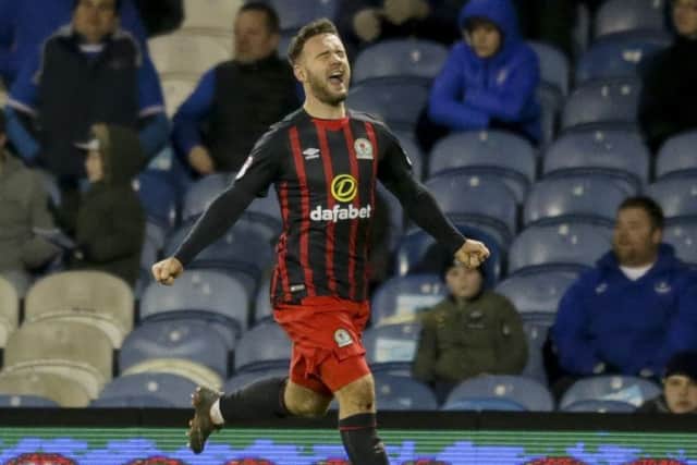 Adam Armstrong celebrates his goal in Blackburn's win over Pompey earlier in the season. Picture: Joe Pepler