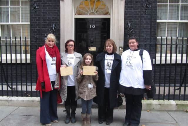 Gosport MP Caroline Dinenage with Katrice's sister Natasha and campaigners Sian Jebb, mum Sharon Lee and Wendy Gray, delivering letters about Katrina's case to Number 10 Downing Street in 2012