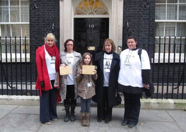 Gosport  MP Caroline Dinenage with Katrice's sister Natasha and campaigners Sian Jebb, mum Sharon Lee and Wendy Gray, delivering letters about Katrina's case to Number 10 Downing Street in 2012