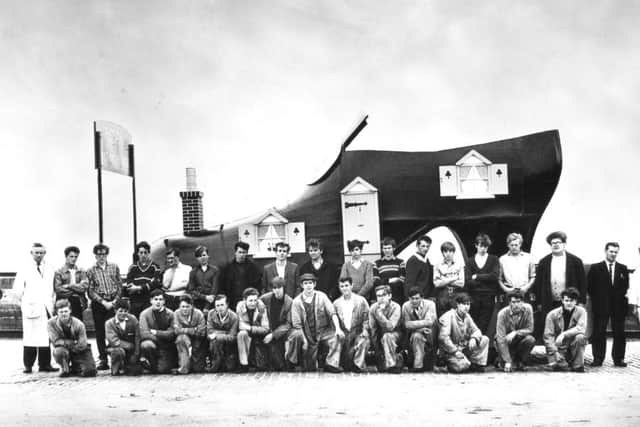 The 1964 intake of Dockyard apprentices who built the old woman's shoe, of nursery rhyme fame, for Southsea Carnival.