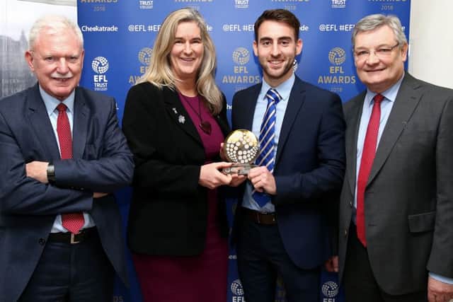 From left: Ian Lenagan, EFL Chairman, Clare Martin, CEO Pompey in the Community, Ben Close and John Nixon, EFL Trust Chair. Photo by James Marsh/BPI/REX/Shutterstock (9456968j)