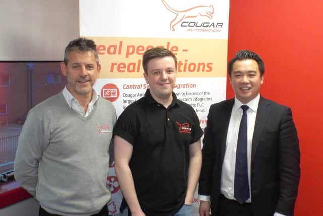 Alan Mak, MP, with Sam Fulcher and Derek Burton of Cougar Automation
