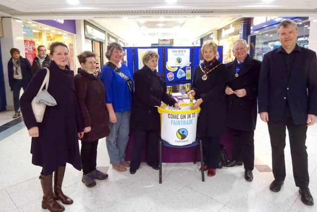 Cllr Tina Ellis, Cllr Louise Clubley, Rachel Hicks, Cllr Pam Bryant, Cllr Susan Bayford, Cllr Brian Bayford and Cllr Sean Woodward at the Fareham Fairtrade stall
