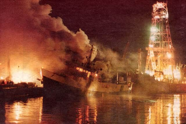 SD Colonel Templer ablaze in Hull docks.