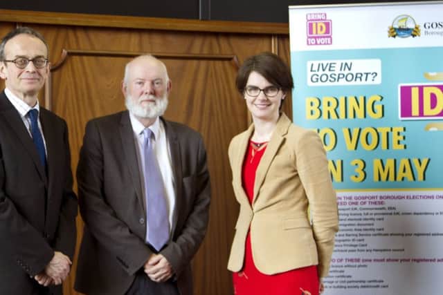 Chloe Smith, Minister for the Constitution with, from left, Gosport BC returning officer Michael Lawther and council leader Cllr Mark Hook