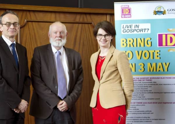 Chloe Smith, Minister for the Constitution with, from left, Gosport BC returning officer Michael Lawther and council leader Cllr Mark Hook