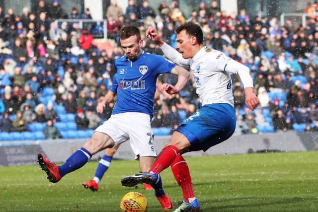 Pompey's Kal Naismith in their League One match against Oldham today. Picture: Joe Pepler/Digital South