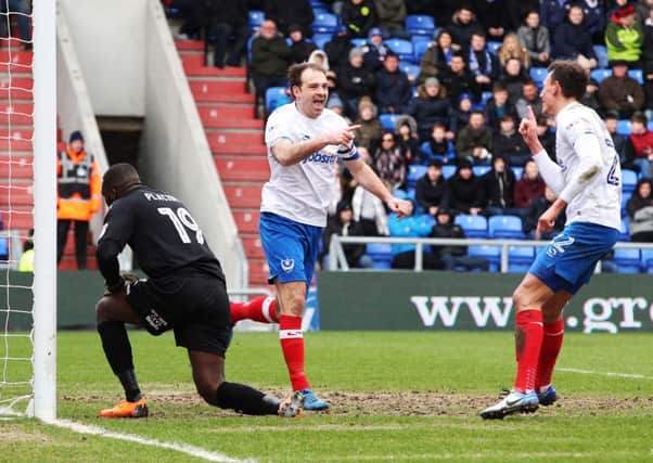 Brett Pitman marked his Pompey return with two goals against Oldham Picture: Joe Pepler