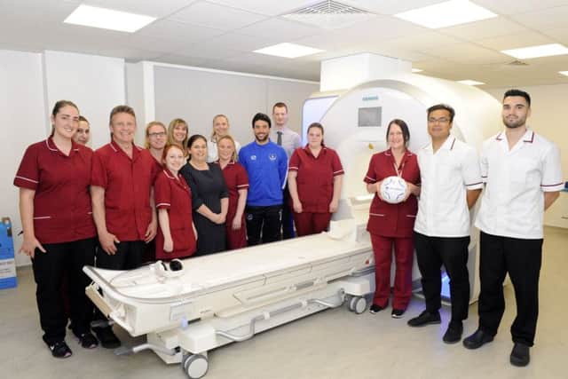 Danny Rose with the MRI scanning team at QA Hospital     Picture:  Malcolm Wells (180319-1031)