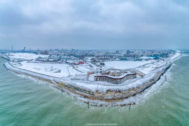 Snowy aerial of Southsea Castle. Picture: Shaun Roster