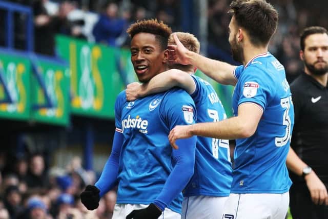 Jamal Lowe celebrates his goal against Scunthorpe. Picture: Joe Pepler