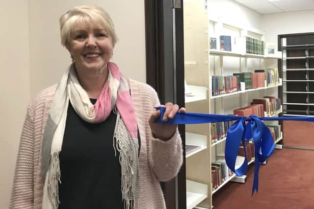 Cllr Linda Symes at the opening of the writers' room