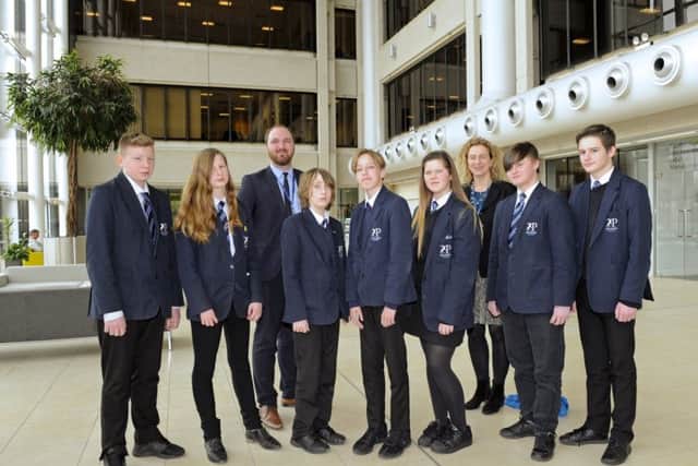 The visiting pupils at 1000 Lakeside, home of The News     Picture: Malcolm Wells (180320-1105)