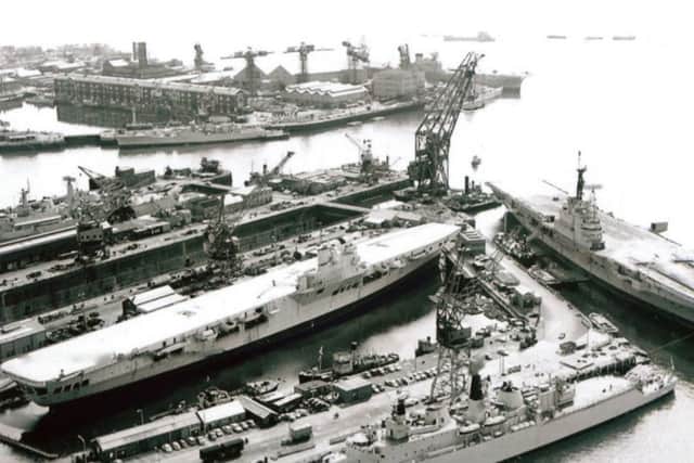 The carrierin the centre is HMS Leviathan with HMS Fife below her. The floating crane came from Germany as war reparation in 1923. Picture: Mick Nolan Collection
