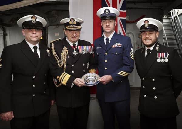 Pictured (L-R) are PO Michael Laycock, Vice Admiral Jonathan Woodcock, CPO Jason McKlemurry and CPO Andrew Pollard