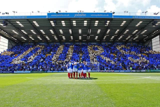 The Ours mosaic created by Pompey fans in the Fratton End for the 2013-14 season opener against Oxford United
