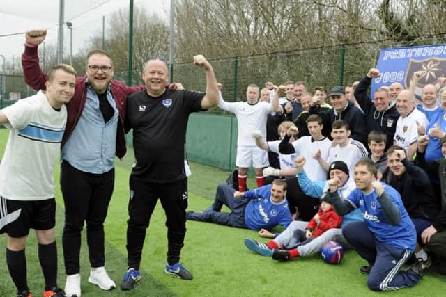 A charity football match was held to raise money for six-year-old Harry St Ledger from Portchester who is in hospital with a brain tumour. The teams with organisers Jake Smith (left), and Graham Price with (centre) Harry's dad Cairan    Picture: Ian Hargreaves  (180439-1)