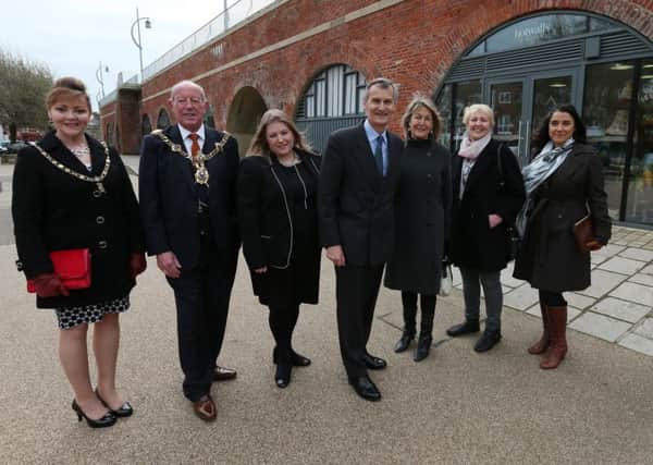 L-R, Mrs Jo Ellcome, Lord Mayor of Portsmouth Cllr Ken Ellcome, leader of Portsmouth City Council Cllr Donna Jones, Lord Lieutenant of Hampshire Nigel Atkinson, Mrs Christine Atkinson, Cllr Linda Symes and architect Deniz Beck of architectural consultants ERMC     Picture: Chris Moorhouse        Thursday 22nd March 2018        FOR EDITORIAL USE ONLY PPP-180322-164256006
