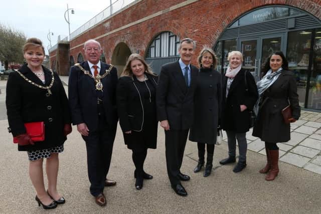 L-R, Mrs Jo Ellcome, Lord Mayor of Portsmouth Cllr Ken Ellcome, leader of Portsmouth City Council Cllr Donna Jones, Lord Lieutenant of Hampshire Nigel Atkinson, Mrs Christine Atkinson, Cllr Linda Symes and architect Deniz Beck of architectural consultants ERMC Picture: Chris Moorhouse Thursday 22nd March 2018 FOR EDITORIAL USE ONLY PPP-180322-164256006