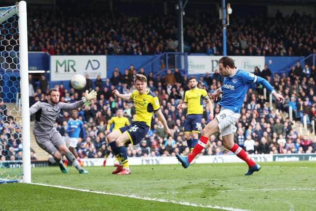 Brett Pitman scores his first goal in the victory over Oxford United