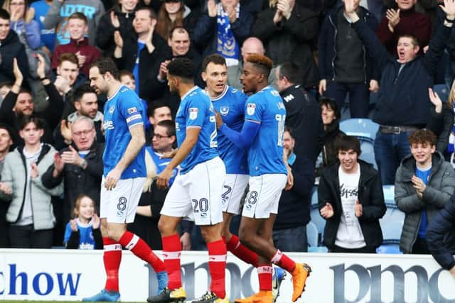 Pompey celebrate the opening goal from Kal Naismith. Picture: Joe Pepler