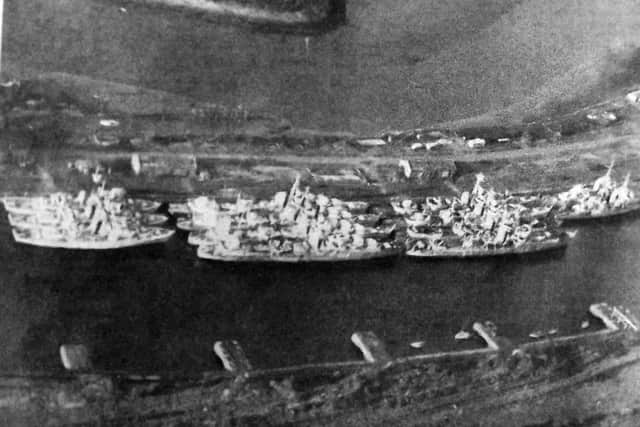 Pictured in 1954 is the mothballed reserve fleet at Penarth, south Wales. There are 14 in all.
