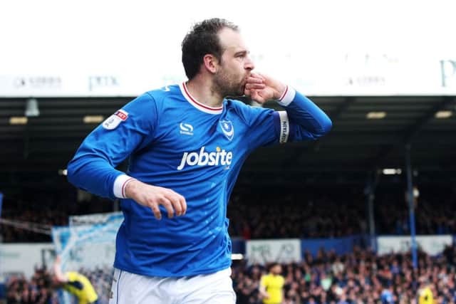 Brett Pitman celebrates his first goal against Oxford. Picture: Joe Pepler
