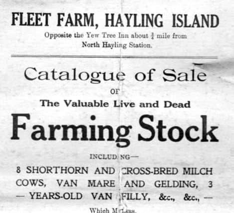 The cover of a catalogue for a farm stock auction on Hayling Island in 1921.  One of the cows in the sale, due to calve shortly, went for  Â£34-10s. In todays money that would be Â£1,163.00. 
Picture:  Roger Allen Collection