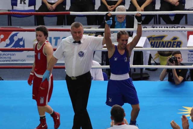 Ivy-Jane Smith toasts her win over Aikaterini Koutsogeorgo. Picture: England Boxing