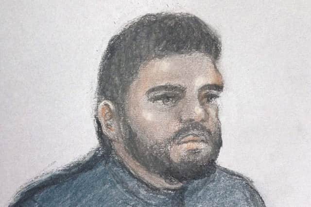 Court artist sketch by Elizabeth Cook of Salim Wakil appearing at Westminster Magistrates' Court in London accused of sending money to his sister in Syria. Picture: Elizabeth Cook/PA Wire