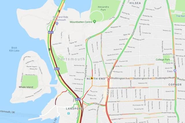 Traffic maps show congestion into Portsmouth, with darker lines indicating longer waits. Credit: Google Maps