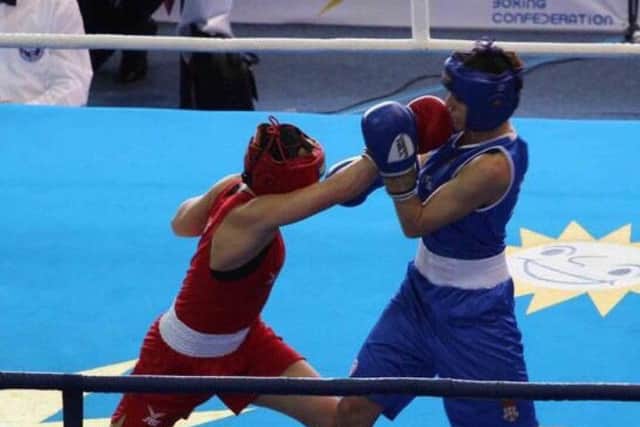 Ebonie Jones, left, in action during the European Championships. Picture: England Boxing