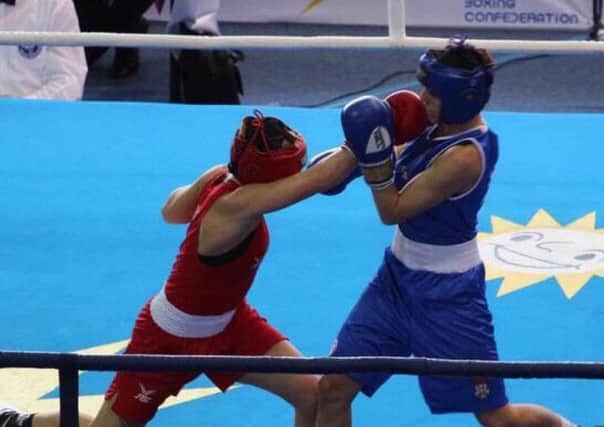 Ebonie Jones, left, in action during the European Championships. Picture: England Boxing